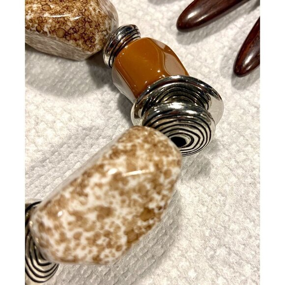 Breast Plate Necklace Graduated Wooden Beads & Stone Silver Tone Bracelet Chunky - Picture 5 of 9